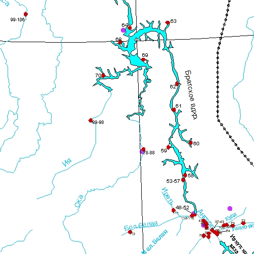 Карта братского водохранилища с названиями заливов глубин